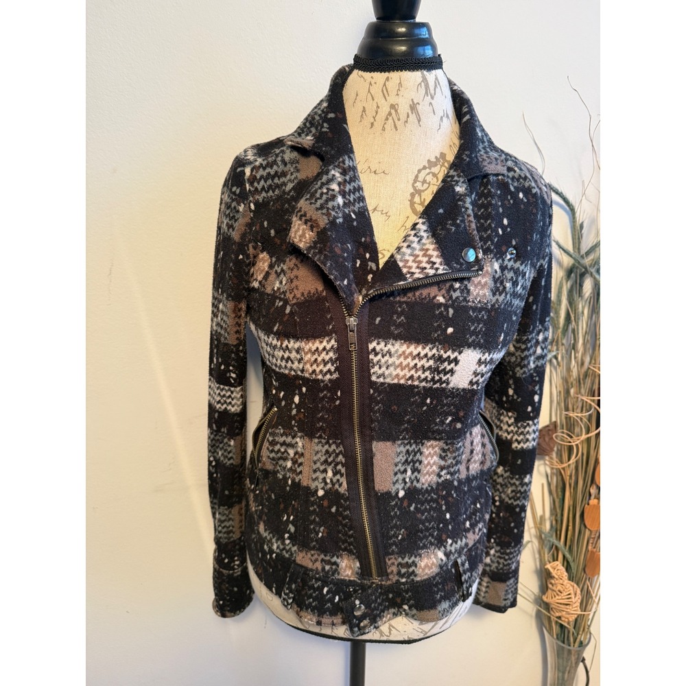 Free People Women 6 Plaid‎ Moto Jacket Black Brown Speckled Asymmetric Zip Knit